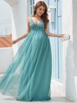 Double V-Neck Lace Bodice Long Flowy Maternity Dress – Dusty Blue