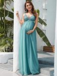 Double V-Neck Lace Bodice Long Flowy Maternity Dress – Dusty Blue