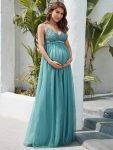 Double V-Neck Lace Bodice Long Flowy Maternity Dress - Dusty Blue