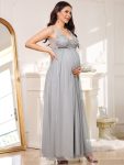 Double V-Neck Lace Bodice Long Flowy Maternity Dress – Grey