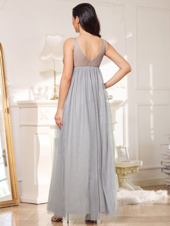 Double V-Neck Lace Bodice Long Flowy Maternity Dress - Grey