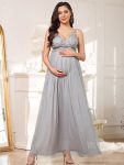 Double V-Neck Lace Bodice Long Flowy Maternity Dress – Grey