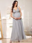 Double V-Neck Lace Bodice Long Flowy Maternity Dress – Grey