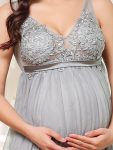 Double V-Neck Lace Bodice Long Flowy Maternity Dress – Grey