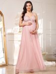 Double V-Neck Lace Bodice Long Flowy Maternity Dress – Pink