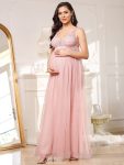 Double V-Neck Lace Bodice Long Flowy Maternity Dress – Pink