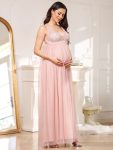 Double V-Neck Lace Bodice Long Flowy Maternity Dress - Pink