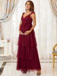 Plus Size Tie Waist V-Neck Tiered Floor-length Maternity Dress – Burgundy