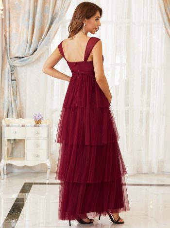Plus Size Tie Waist V-Neck Tiered Floor-length Maternity Dress - Burgundy