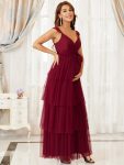 Plus Size Tie Waist V-Neck Tiered Floor-length Maternity Dress – Burgundy