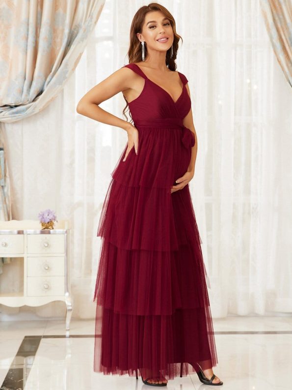 Plus Size Tie Waist V-Neck Tiered Floor-length Maternity Dress - Burgundy