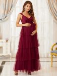 Plus Size Tie Waist V-Neck Tiered Floor-length Maternity Dress – Burgundy