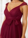 Plus Size Tie Waist V-Neck Tiered Floor-length Maternity Dress – Burgundy