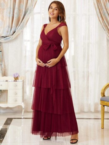 Tie Waist V-Neck Tiered Floor-length Maternity Dress - Burgundy