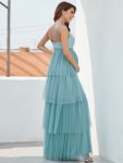 Plus Size Tie Waist V-Neck Tiered Floor-length Maternity Dress – Dusty Blue