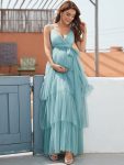 Plus Size Tie Waist V-Neck Tiered Floor-length Maternity Dress – Dusty Blue