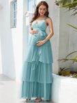 Plus Size Tie Waist V-Neck Tiered Floor-length Maternity Dress – Dusty Blue