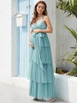 Plus Size Tie Waist V-Neck Tiered Floor-length Maternity Dress – Dusty Blue