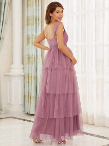 Tie Waist V-Neck Tiered Floor-length Maternity Dress - Purple Orchid