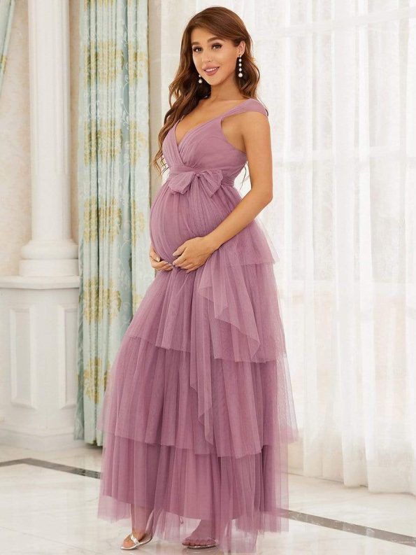 Tie Waist V-Neck Tiered Floor-length Maternity Dress - Purple Orchid