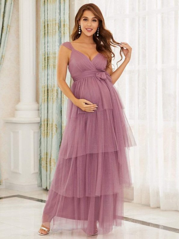 Tie Waist V-Neck Tiered Floor-length Maternity Dress - Purple Orchid