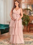 Plus Size Tie Waist V-Neck Tiered Floor-length Maternity Dress – Pink