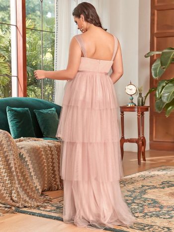 Plus Size Tie Waist V-Neck Tiered Floor-length Maternity Dress - Pink