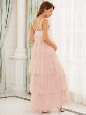 Tie Waist V-Neck Tiered Floor-length Maternity Dress - Pink