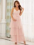 Tie Waist V-Neck Tiered Floor-length Maternity Dress - Pink