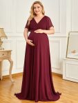 Plus Size Ruffle Sleeve Floor-Length Formal Maternity Dress - Burgundy