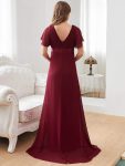 Ruched Bodice Flowy Chiffon Floor-Length Maternity Dress with Sleeves – Burgundy