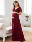 Ruched Bodice Flowy Chiffon Floor-Length Maternity Dress with Sleeves – Burgundy