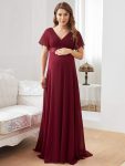 Ruched Bodice Flowy Chiffon Floor-Length Maternity Dress with Sleeves – Burgundy