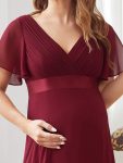 Ruched Bodice Flowy Chiffon Floor-Length Maternity Dress with Sleeves – Burgundy