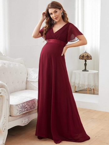 Ruched Bodice Flowy Chiffon Floor-Length Maternity Dress with Sleeves - Burgundy