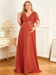 Ruched Bodice Flowy Chiffon Floor-Length Maternity Dress with Sleeves – Burnt Orange