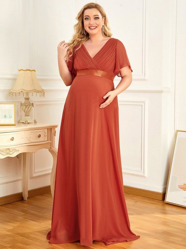 Ruched Bodice Flowy Chiffon Floor-Length Maternity Dress with Sleeves - Burnt Orange