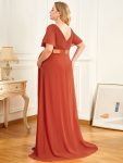 Ruched Bodice Flowy Chiffon Floor-Length Maternity Dress with Sleeves - Burnt Orange