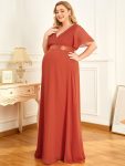 Ruched Bodice Flowy Chiffon Floor-Length Maternity Dress with Sleeves – Burnt Orange