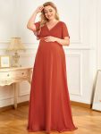 Ruched Bodice Flowy Chiffon Floor-Length Maternity Dress with Sleeves – Burnt Orange