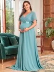 Plus Size Ruffle Sleeve Floor-Length Formal Maternity Dress – Dusty Blue