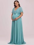 Plus Size Ruffle Sleeve Floor-Length Formal Maternity Dress – Dusty Blue