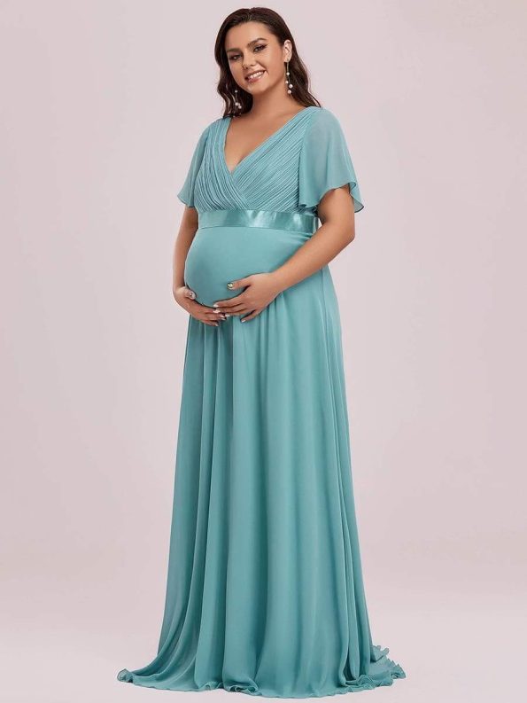 Plus Size Ruffle Sleeve Floor-Length Formal Maternity Dress - Dusty Blue