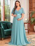 Plus Size Ruffle Sleeve Floor-Length Formal Maternity Dress – Dusty Blue