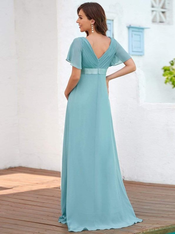 Ruched Bodice Flowy Chiffon Floor-Length Maternity Dress with Sleeves - Dusty Blue