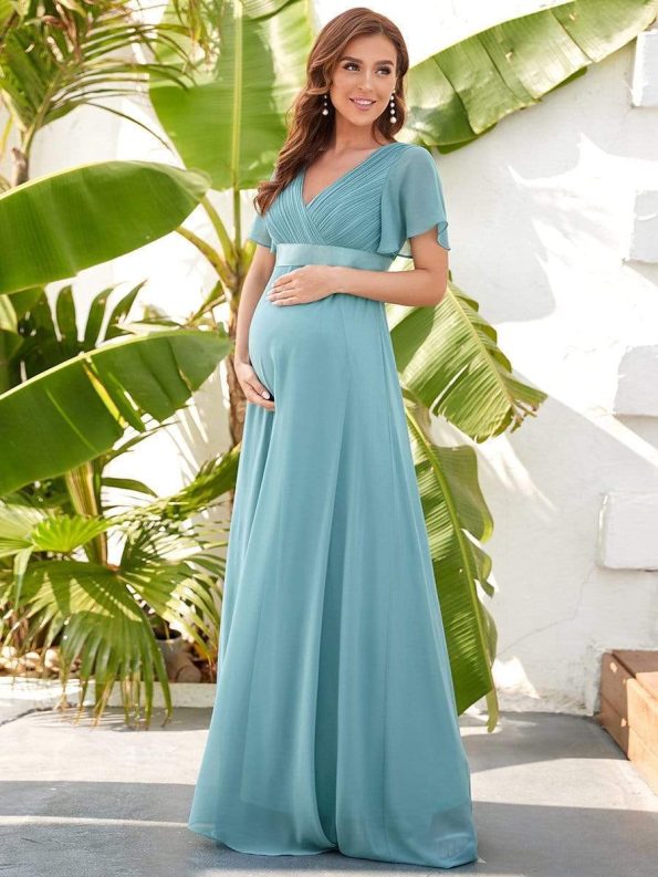 Ruched Bodice Flowy Chiffon Floor-Length Maternity Dress with Sleeves - Dusty Blue