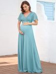 Ruched Bodice Flowy Chiffon Floor-Length Maternity Dress with Sleeves – Dusty Blue