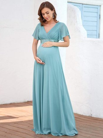 Ruched Bodice Flowy Chiffon Floor-Length Maternity Dress with Sleeves - Dusty Blue