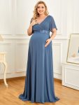 Ruched Bodice Flowy Chiffon Floor-Length Maternity Dress with Sleeves – Dusty Navy