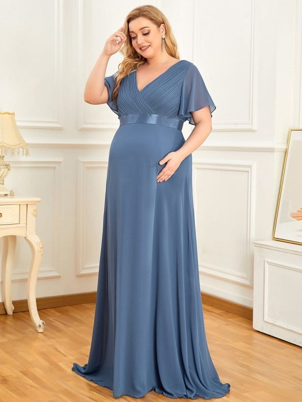 Plus Size Ruffle Sleeve Floor-Length Formal Maternity Dress - Dusty Navy